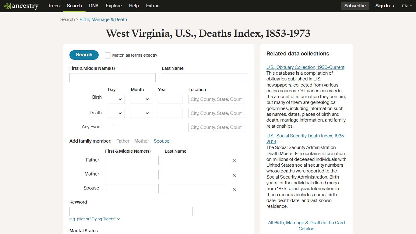 West Virginia, U.S., Deaths Index, 1853-1973 - Ancestry